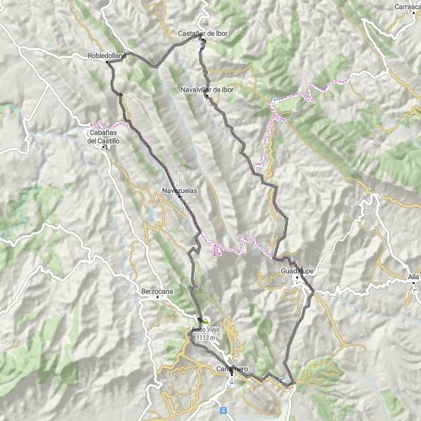 Miniatuurkaart van de fietsinspiratie "Schilderachtige fietsroute naar Navalvillar de Ibor" in Extremadura, Spain. Gemaakt door de Tarmacs.app fietsrouteplanner