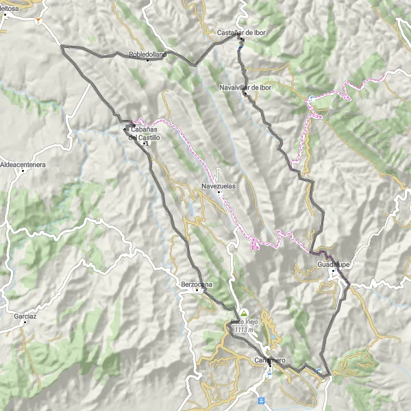 Map miniature of "The Guadalupe Loop" cycling inspiration in Extremadura, Spain. Generated by Tarmacs.app cycling route planner