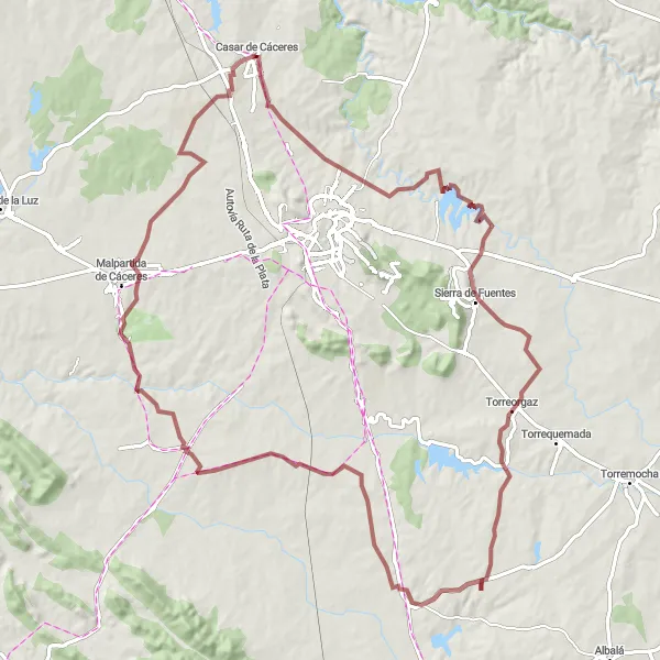 Miniatuurkaart van de fietsinspiratie "Avontuurlijke gravelroute naar Nido de Cigüeñuela" in Extremadura, Spain. Gemaakt door de Tarmacs.app fietsrouteplanner