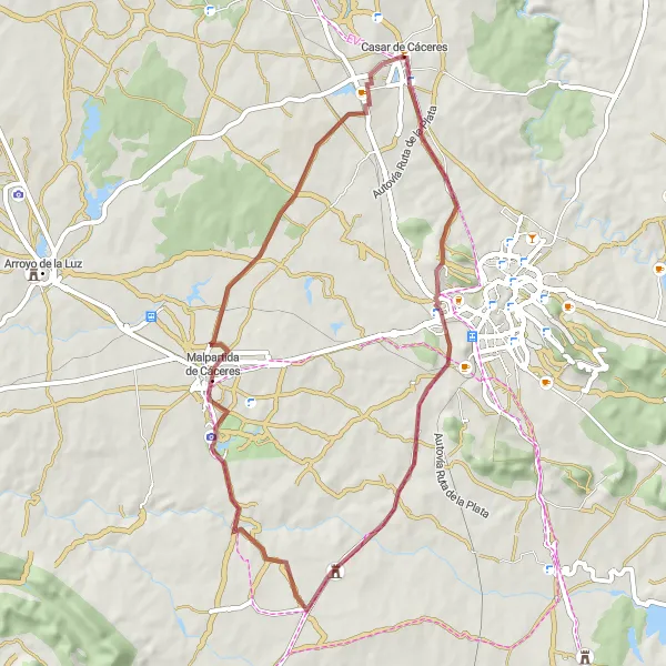 Miniatura mapy "Przejażdżka gruzowcem przez Malpartida de Cáceres" - trasy rowerowej w Extremadura, Spain. Wygenerowane przez planer tras rowerowych Tarmacs.app