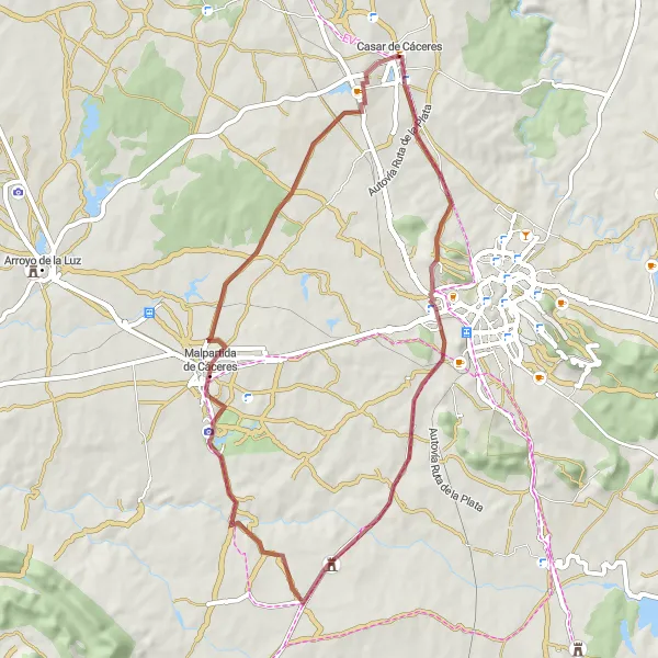 Miniatuurkaart van de fietsinspiratie "Gravelavontuur naar Las Seguras" in Extremadura, Spain. Gemaakt door de Tarmacs.app fietsrouteplanner