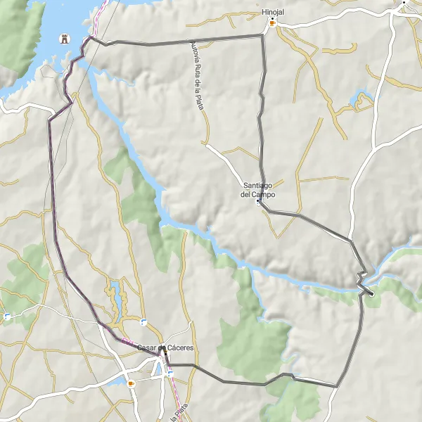 Miniatura mapy "Szybki rowerowy przejazd z Casar de Cáceres (Droga)" - trasy rowerowej w Extremadura, Spain. Wygenerowane przez planer tras rowerowych Tarmacs.app