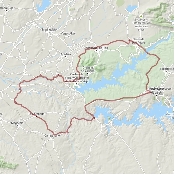 Miniatua del mapa de inspiración ciclista "Ruta de Ciclismo de Grava Letras Esparragosa de Lares - Navalvillar de Pela" en Extremadura, Spain. Generado por Tarmacs.app planificador de rutas ciclistas