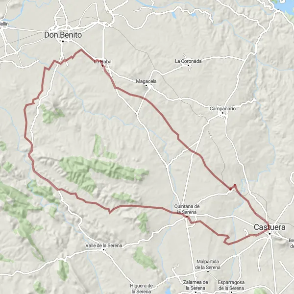 Map miniature of "Quintana de la Serena Gravel Escape" cycling inspiration in Extremadura, Spain. Generated by Tarmacs.app cycling route planner