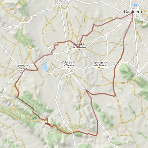 Map miniature of "Hidden Gems of Higuera and Malpartida de la Serena" cycling inspiration in Extremadura, Spain. Generated by Tarmacs.app cycling route planner