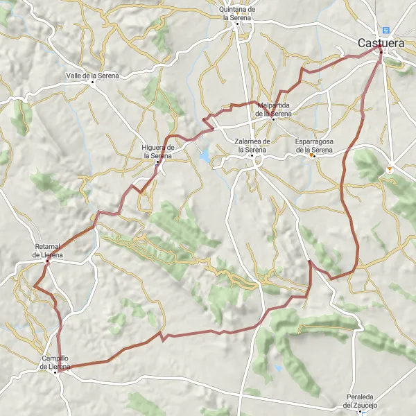 Map miniature of "Sierra de Castuera Gravel Adventure" cycling inspiration in Extremadura, Spain. Generated by Tarmacs.app cycling route planner