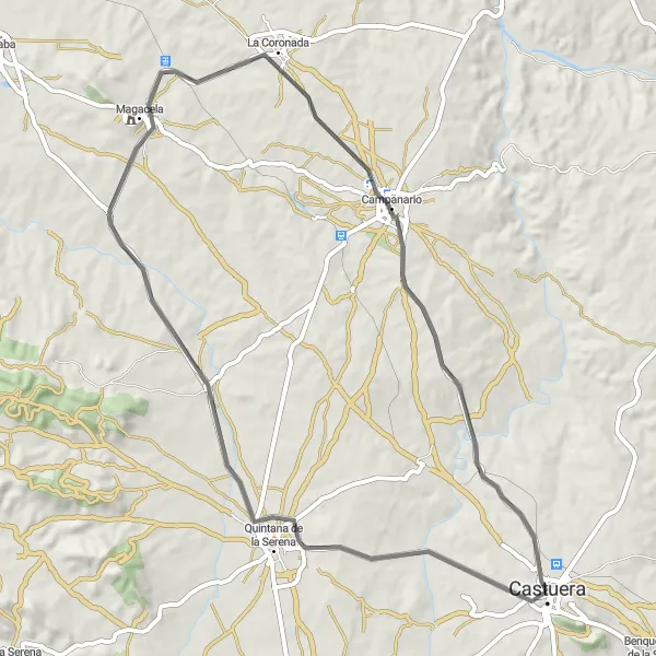 Miniatua del mapa de inspiración ciclista "Ruta en Carretera a Dolmen Magacela y Campanario" en Extremadura, Spain. Generado por Tarmacs.app planificador de rutas ciclistas