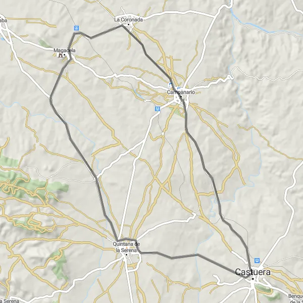 Miniatuurkaart van de fietsinspiratie "Rondrit rond Castuera" in Extremadura, Spain. Gemaakt door de Tarmacs.app fietsrouteplanner