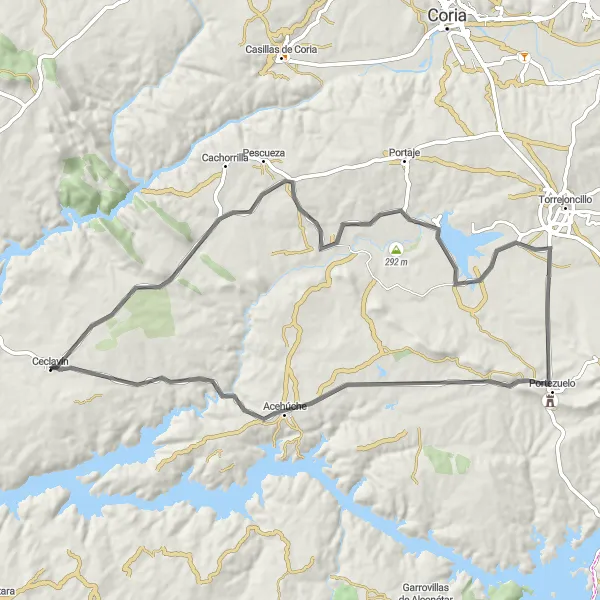 Miniatua del mapa de inspiración ciclista "Ruta escénica desde Portezuelo a Ceclavín" en Extremadura, Spain. Generado por Tarmacs.app planificador de rutas ciclistas
