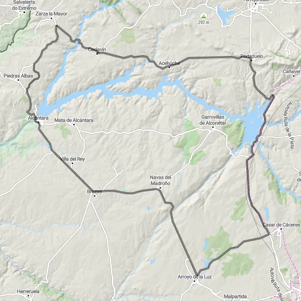 Map miniature of "Scenic road cycling route through Ceclavín and its surroundings" cycling inspiration in Extremadura, Spain. Generated by Tarmacs.app cycling route planner