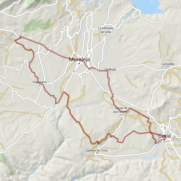 Miniatua del mapa de inspiración ciclista "Ruta de Grava a Puente Medieval" en Extremadura, Spain. Generado por Tarmacs.app planificador de rutas ciclistas