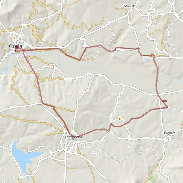 Miniatura mapy "Ścieżka gravelowa przez malownicze doliny i zabytki" - trasy rowerowej w Extremadura, Spain. Wygenerowane przez planer tras rowerowych Tarmacs.app
