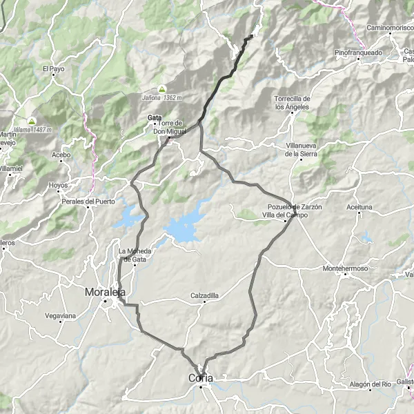 Miniatua del mapa de inspiración ciclista "Ruta por el Valle del Alagón" en Extremadura, Spain. Generado por Tarmacs.app planificador de rutas ciclistas