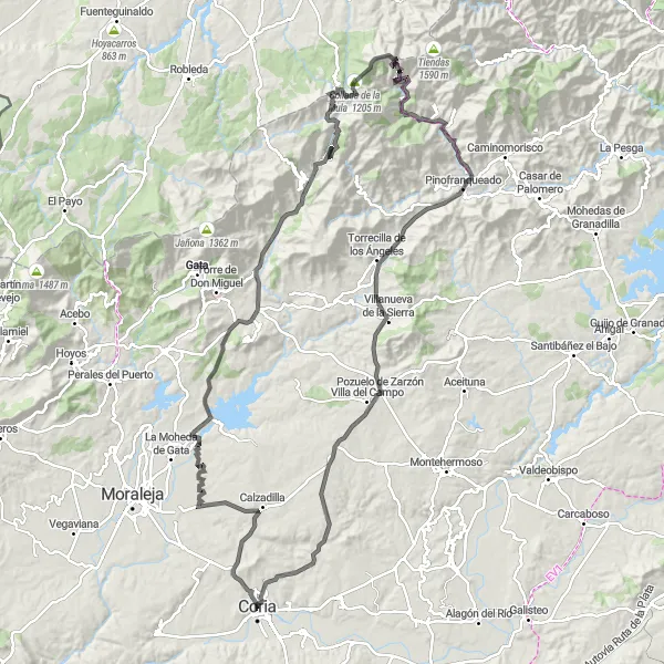 Miniatua del mapa de inspiración ciclista "Ruta de los Valles" en Extremadura, Spain. Generado por Tarmacs.app planificador de rutas ciclistas