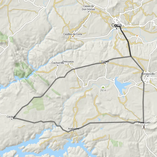 Miniatua del mapa de inspiración ciclista "Ruta Escénica por el Valle del Alagón" en Extremadura, Spain. Generado por Tarmacs.app planificador de rutas ciclistas