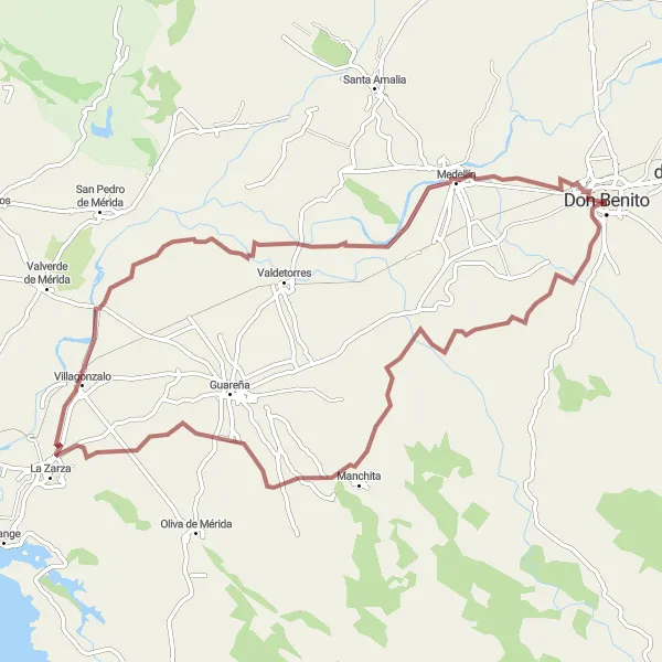 Miniatua del mapa de inspiración ciclista "Ruta de Gravel por los Pueblos de Don Benito" en Extremadura, Spain. Generado por Tarmacs.app planificador de rutas ciclistas
