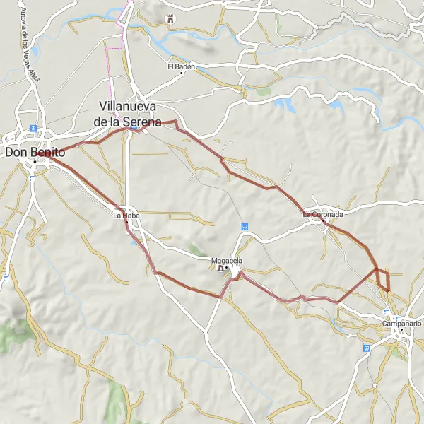 Miniatua del mapa de inspiración ciclista "Exploración de Pueblos en Grava desde Don Benito" en Extremadura, Spain. Generado por Tarmacs.app planificador de rutas ciclistas