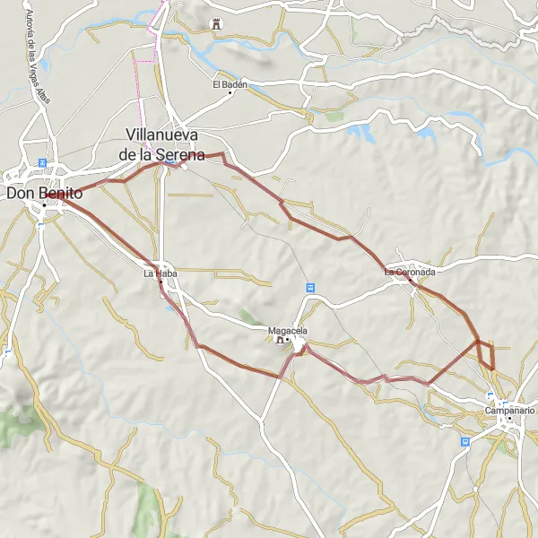 Map miniature of "Magacela and Medellín Gravel Adventure" cycling inspiration in Extremadura, Spain. Generated by Tarmacs.app cycling route planner