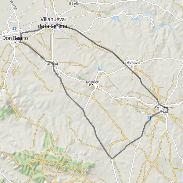 Map miniature of "Scenic Countryside Route" cycling inspiration in Extremadura, Spain. Generated by Tarmacs.app cycling route planner