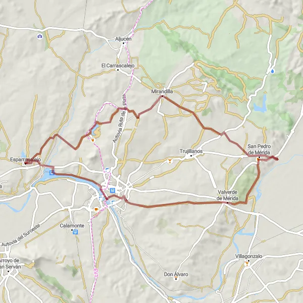 Miniatuurkaart van de fietsinspiratie "Avontuurlijke tocht door Mirandilla en Valverde de Mérida" in Extremadura, Spain. Gemaakt door de Tarmacs.app fietsrouteplanner
