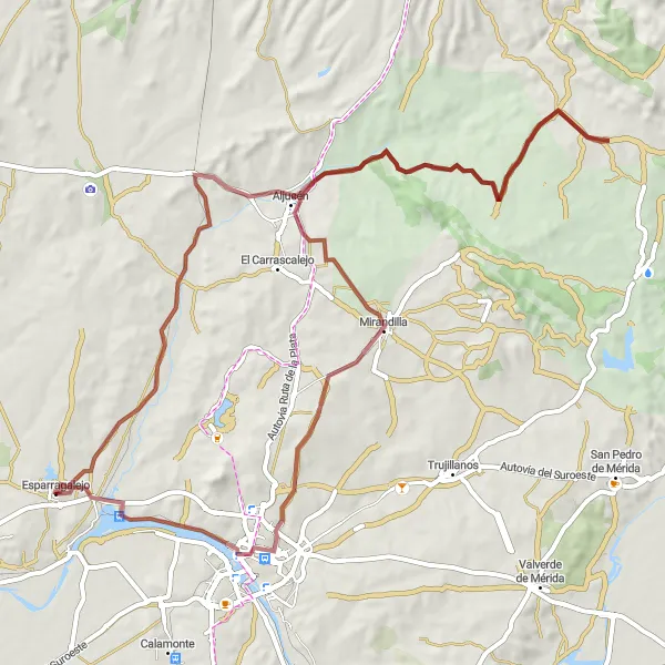 Miniatuurkaart van de fietsinspiratie "Gravelavontuur door Aljucén en omgeving" in Extremadura, Spain. Gemaakt door de Tarmacs.app fietsrouteplanner