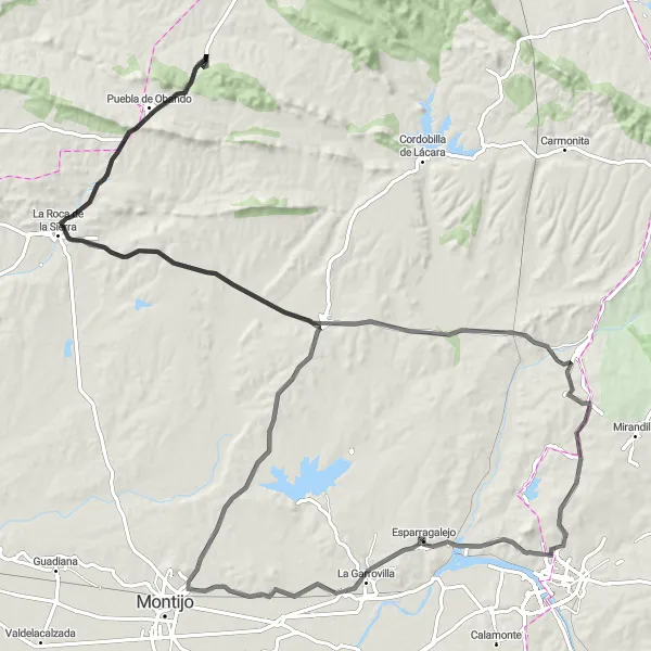Miniatura mapy "Trasa przez La Nava de Santiago i La Roca de la Sierra" - trasy rowerowej w Extremadura, Spain. Wygenerowane przez planer tras rowerowych Tarmacs.app