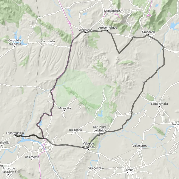 Miniatua del mapa de inspiración ciclista "Ruta en Carretera hacia el Psiquiátrico" en Extremadura, Spain. Generado por Tarmacs.app planificador de rutas ciclistas