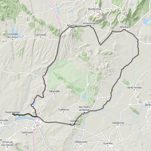 Miniatuurkaart van de fietsinspiratie "Roadtrip door Aljucén en omstreken" in Extremadura, Spain. Gemaakt door de Tarmacs.app fietsrouteplanner