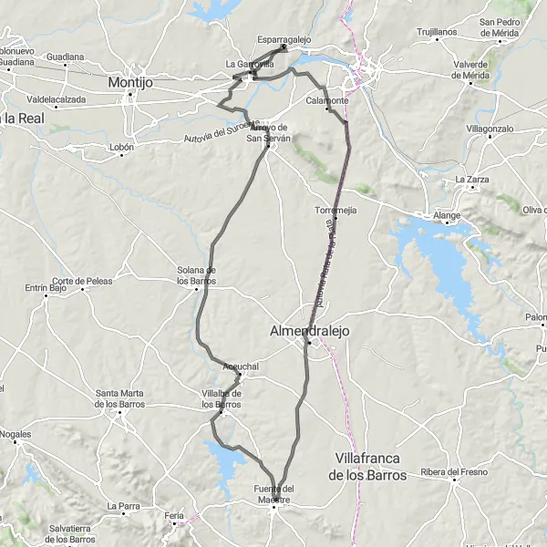 Miniatuurkaart van de fietsinspiratie "Toer rond Esparragalejo en omgeving" in Extremadura, Spain. Gemaakt door de Tarmacs.app fietsrouteplanner