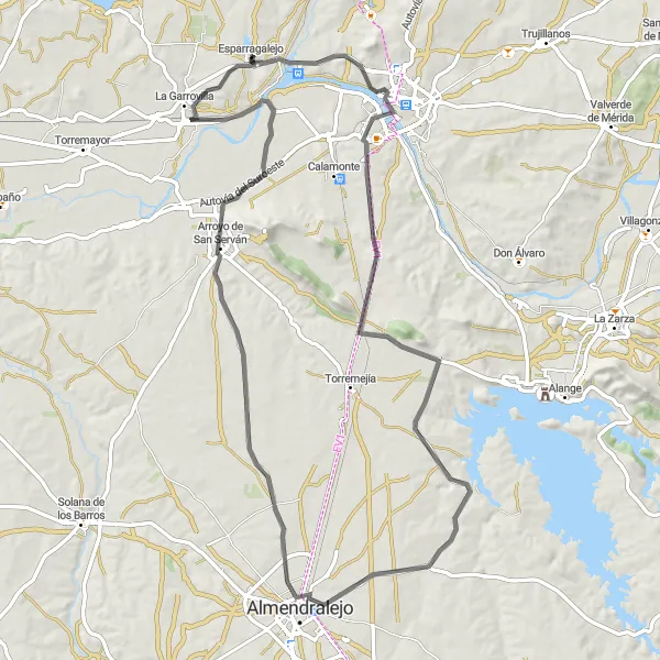 Map miniature of "Majestic Historic Route" cycling inspiration in Extremadura, Spain. Generated by Tarmacs.app cycling route planner