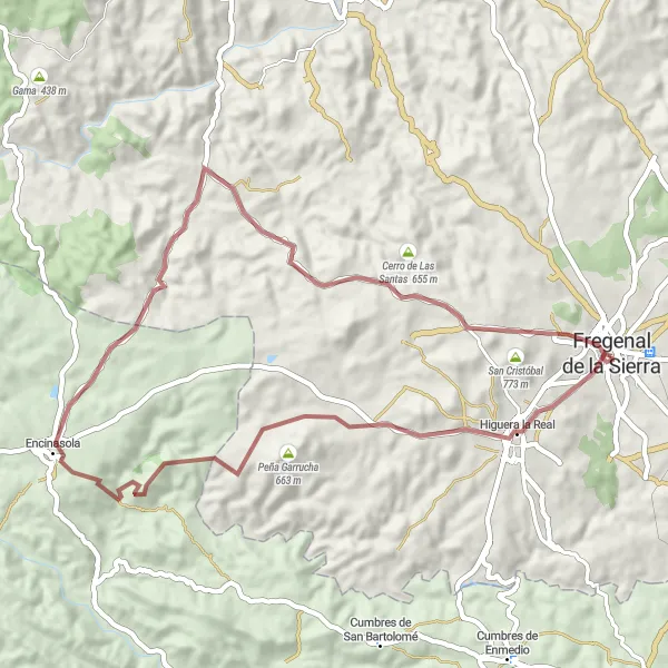 Miniatuurkaart van de fietsinspiratie "Rondrit Fregenal de la Sierra 55 km (gravel)" in Extremadura, Spain. Gemaakt door de Tarmacs.app fietsrouteplanner