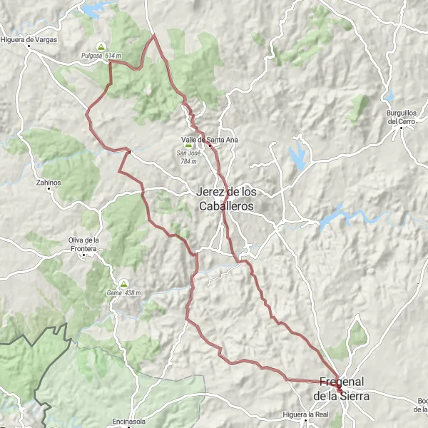 Miniatuurkaart van de fietsinspiratie "Rondrit Fregenal de la Sierra 98 km (gravel)" in Extremadura, Spain. Gemaakt door de Tarmacs.app fietsrouteplanner