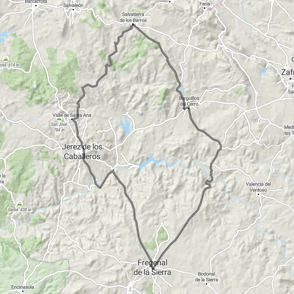 Miniatuurkaart van de fietsinspiratie "Rondrit Fregenal de la Sierra 102 km (weg)" in Extremadura, Spain. Gemaakt door de Tarmacs.app fietsrouteplanner