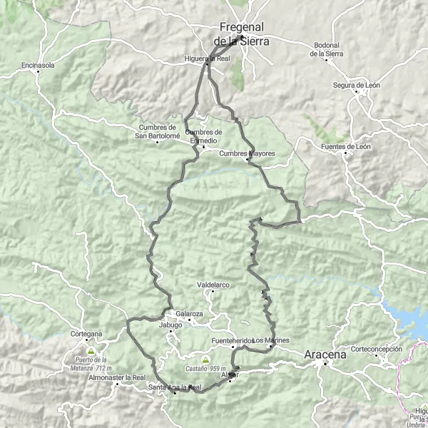 Miniatuurkaart van de fietsinspiratie "Fregenal de la Sierra naar Cumbres Mayores naar Cortelazor" in Extremadura, Spain. Gemaakt door de Tarmacs.app fietsrouteplanner