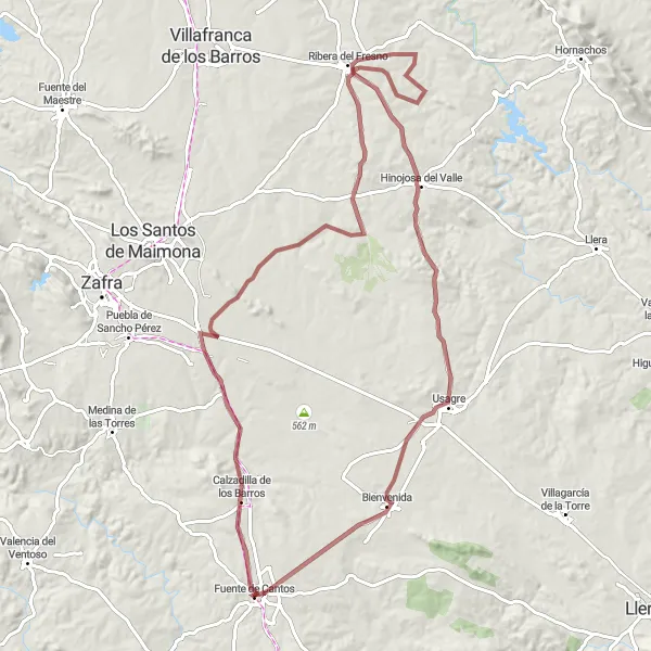 Miniatura mapy "Przygoda gravelowa przez Pozo de San Juan Macías, Ribera del Fresno, Hinojosę del Valle i Bienvenida" - trasy rowerowej w Extremadura, Spain. Wygenerowane przez planer tras rowerowych Tarmacs.app