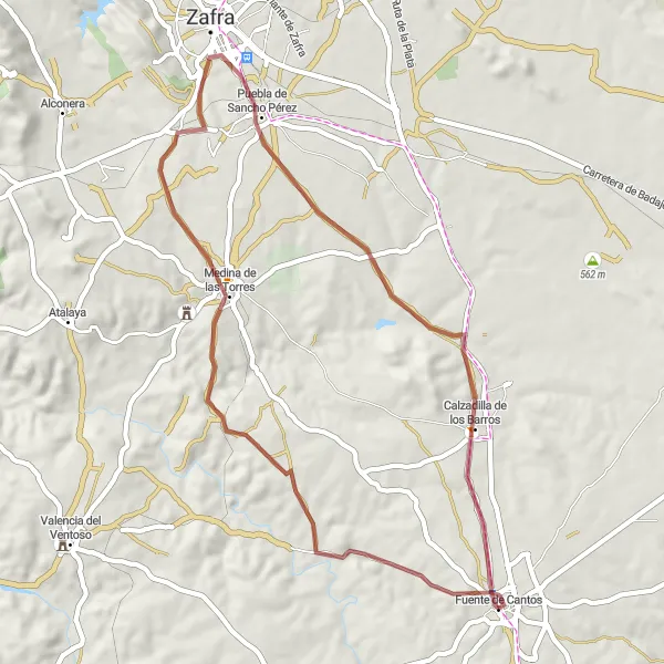 Miniatura mapy "Krótki szlak gravelowy przez Medina de las Torres i Fuente de Cantos" - trasy rowerowej w Extremadura, Spain. Wygenerowane przez planer tras rowerowych Tarmacs.app