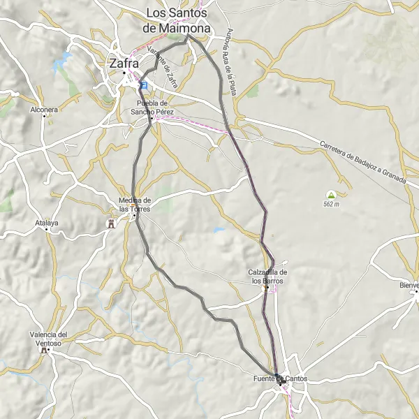 Map miniature of "Scenic Road Cycling Route from Fuente de Cantos to Medina de las Torres, Puebla de Sancho Pérez, and Quiosco de la Música" cycling inspiration in Extremadura, Spain. Generated by Tarmacs.app cycling route planner