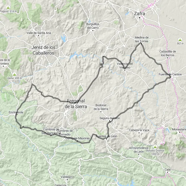 Miniatura mapy "Runda szosowa przez Segurę de León, Cumbres de Enmedio, Encinasolę, Cerro de los Pavos i wiele innych" - trasy rowerowej w Extremadura, Spain. Wygenerowane przez planer tras rowerowych Tarmacs.app