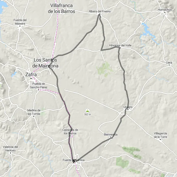 Map miniature of "Road Cycling Adventure from Fuente de Cantos to Quiosco de la Música, Ribera del Fresno, Hinojosa del Valle, and Usagre" cycling inspiration in Extremadura, Spain. Generated by Tarmacs.app cycling route planner