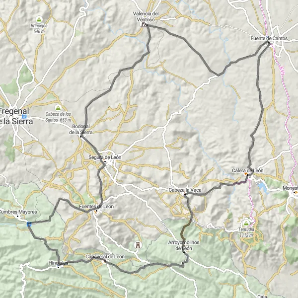 Miniatuurkaart van de fietsinspiratie "Fuente de Cantos naar Calera de León en terug" in Extremadura, Spain. Gemaakt door de Tarmacs.app fietsrouteplanner