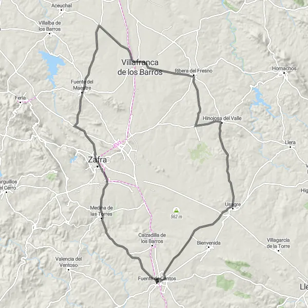 Miniatura mapy "Relaksująca trasa szosowa przez Medina de las Torres, Fuente del Maestre, Villafranca de los Barros i Hinojosę del Valle" - trasy rowerowej w Extremadura, Spain. Wygenerowane przez planer tras rowerowych Tarmacs.app