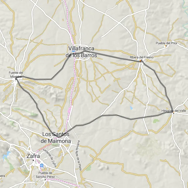 Miniatuurkaart van de fietsinspiratie "Ontdek charmante stadjes langs de weg" in Extremadura, Spain. Gemaakt door de Tarmacs.app fietsrouteplanner