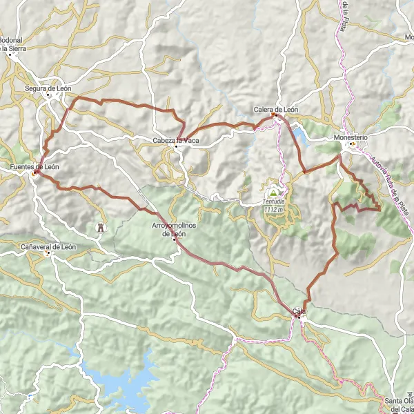 Map miniature of "Gravel Adventure through the Rio Odiel Valley" cycling inspiration in Extremadura, Spain. Generated by Tarmacs.app cycling route planner