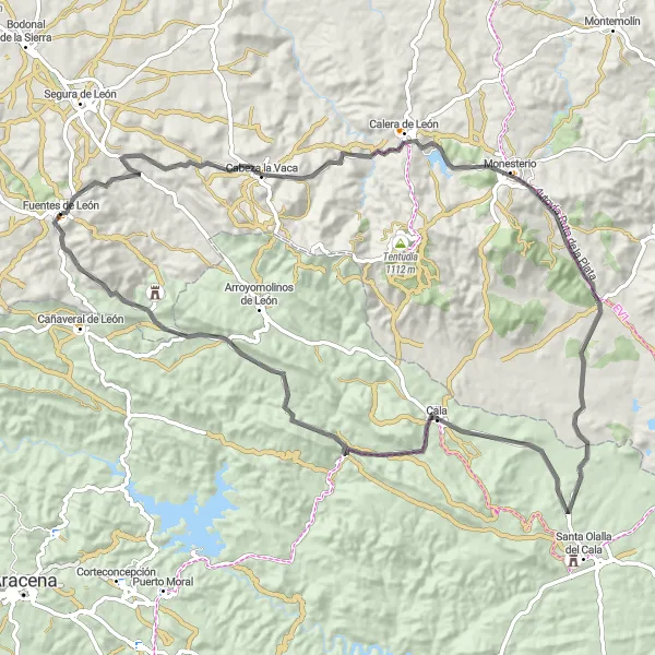 Map miniature of "The Sierra de Aracena Loop" cycling inspiration in Extremadura, Spain. Generated by Tarmacs.app cycling route planner