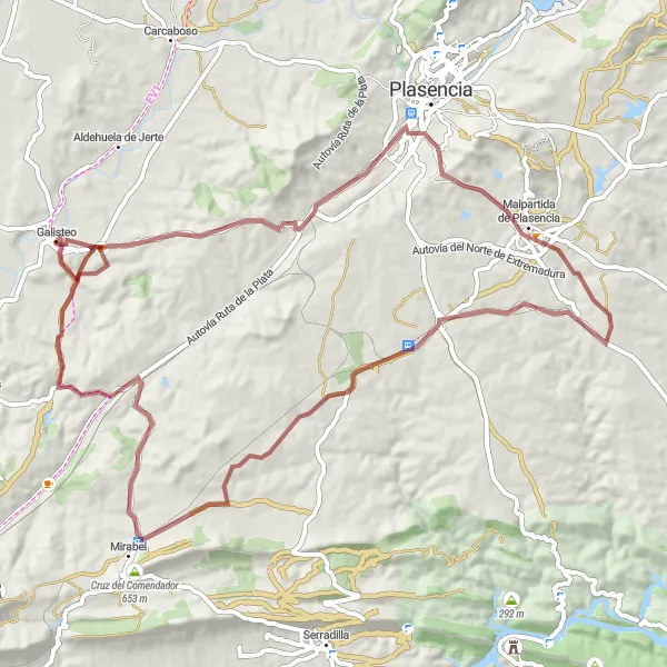 Miniatua del mapa de inspiración ciclista "Ruta de Malpartida de Plasencia a Mirabel" en Extremadura, Spain. Generado por Tarmacs.app planificador de rutas ciclistas