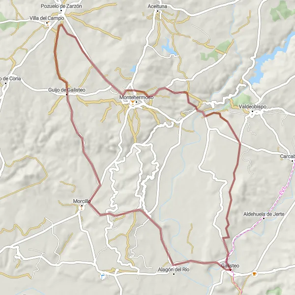 Miniatua del mapa de inspiración ciclista "Ruta de Guijo de Galisteo a Montehermoso" en Extremadura, Spain. Generado por Tarmacs.app planificador de rutas ciclistas