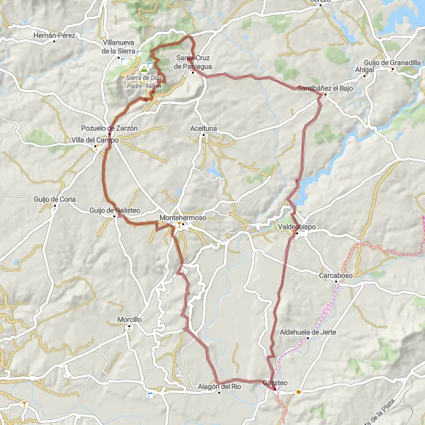 Miniaturekort af cykelinspirationen "Grusvejsrute til Guijo de Galisteo og Valdeobispo" i Extremadura, Spain. Genereret af Tarmacs.app cykelruteplanlægger