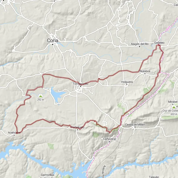 Miniatua del mapa de inspiración ciclista "Ruta de gravilla por rincones remotos de Extremadura" en Extremadura, Spain. Generado por Tarmacs.app planificador de rutas ciclistas