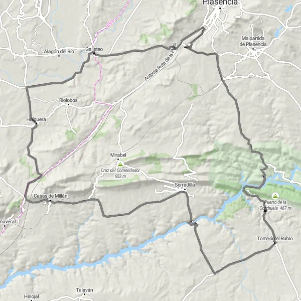 Miniatua del mapa de inspiración ciclista "Viaje escénico en bicicleta por los parajes de Extremadura" en Extremadura, Spain. Generado por Tarmacs.app planificador de rutas ciclistas