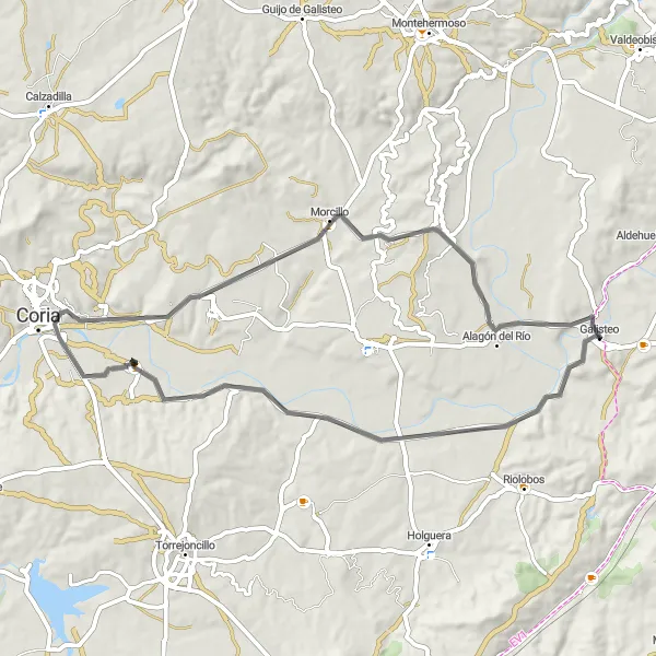 Miniatua del mapa de inspiración ciclista "Ruta de Rincón del Obispo a Alagón del Río" en Extremadura, Spain. Generado por Tarmacs.app planificador de rutas ciclistas